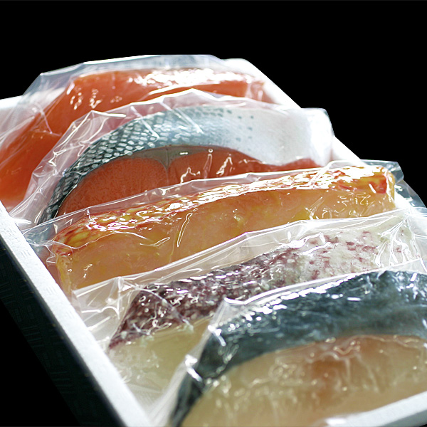 いわき海鮮魚漬 5種類入り（目抜風味漬、真鯛粕漬、銀鱈西京漬、鮭切身、トラウトサーモン切身、各1切れ）