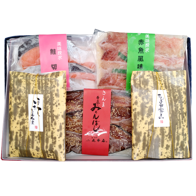 佳肴詰合せ1(鮭甘口切身、赤魚風味漬、さんまみりん干し、ほたて生姜煮、さんま甘露煮)
